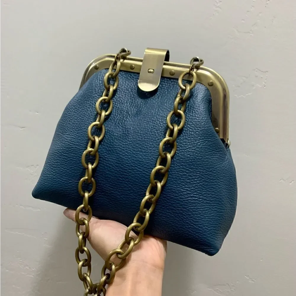 Blue Premium Pebble Leather Handmade Unique Rivet Metal Frame Handbag/Crossbody